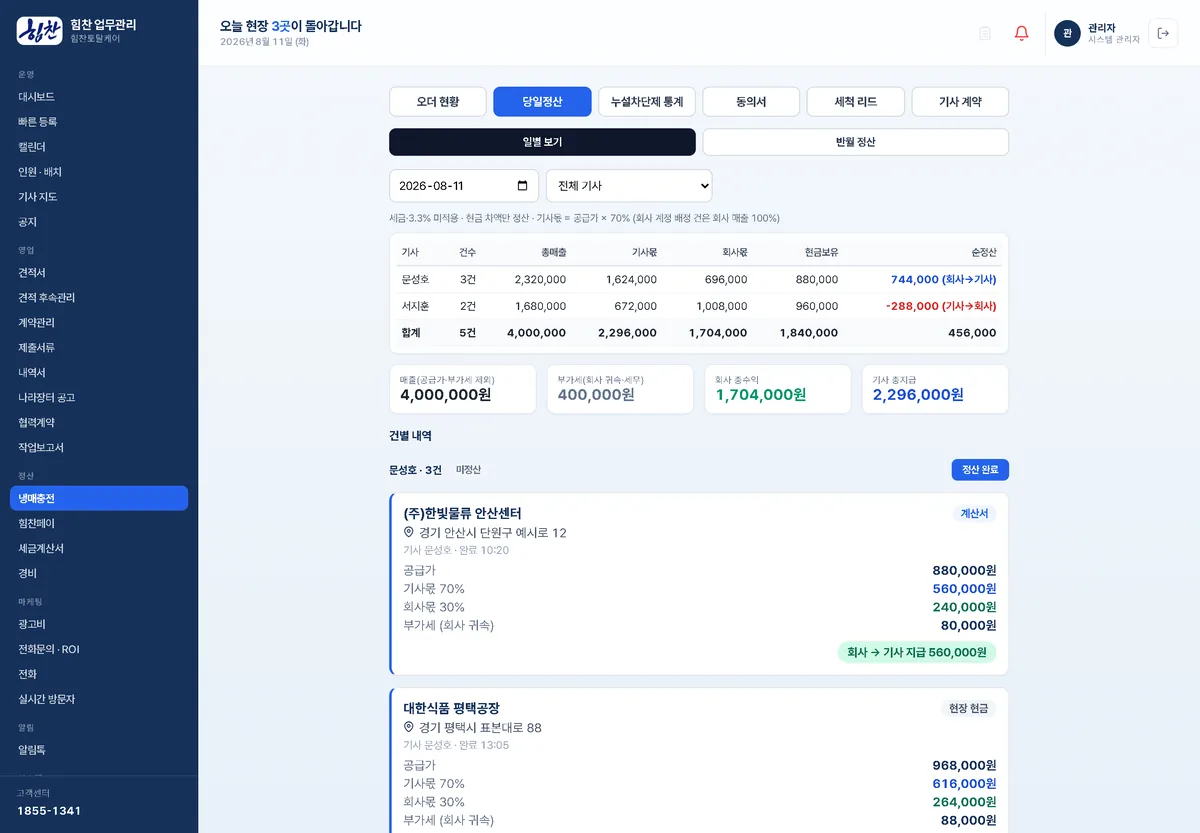 관리자 — 자동 계산된 정산 내역